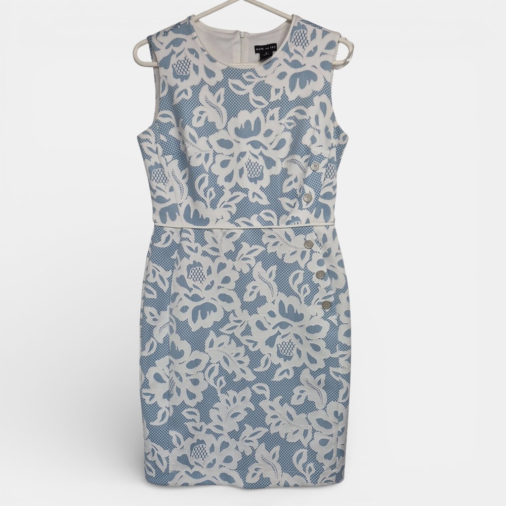 Sleeveless Blue and White Lace-Overlay Sheath Dress
